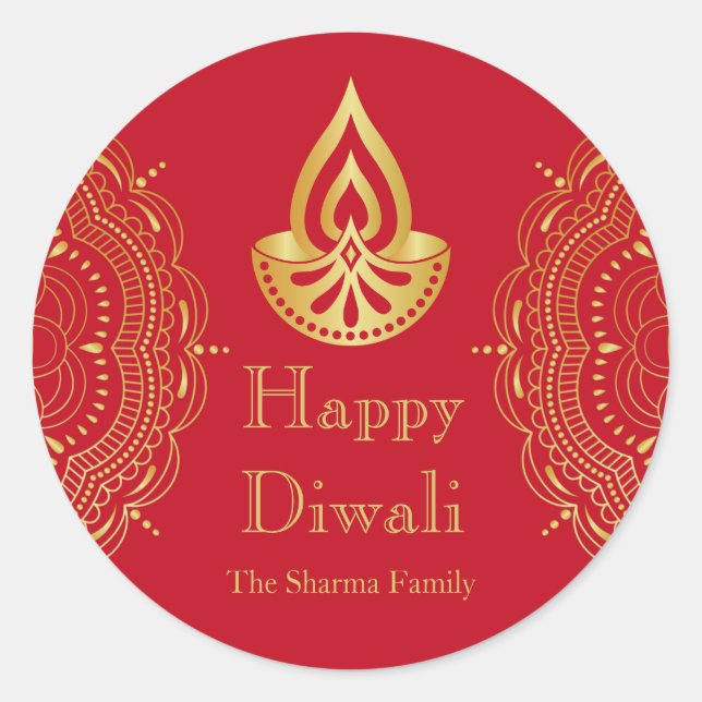 Red and Gold Diwali Party Favour Classic Round Sticker (Front)