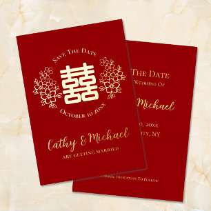 Red and gold double happiness floral save the date