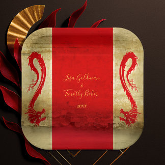 Red and Gold Dragon Fantasy Asian Theme Wedding Paper Plate