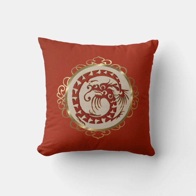 Red and Gold Dragon Medallion Throw Pillow (Front)