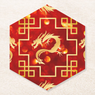 Red and Gold Dragon Wedding Paper Coaster