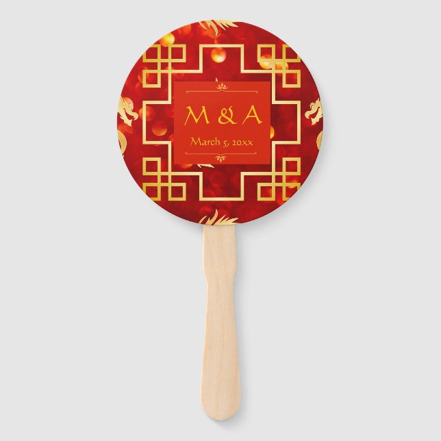 Red and Gold Dragon Wedding Round Hand Fan (Front)