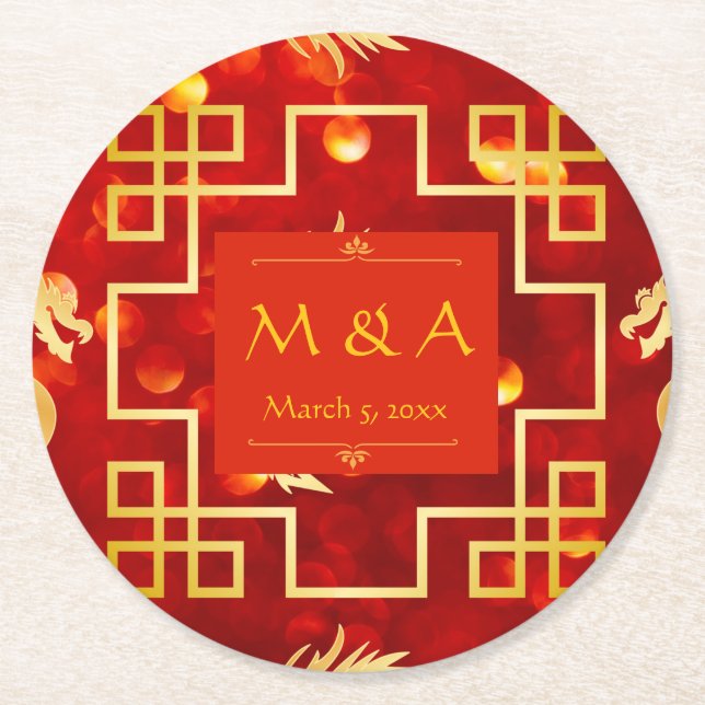 Red and Gold Dragon Wedding Round Paper Coaster (Front)