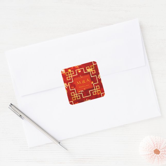 Red and Gold Dragon Wedding Square Sticker (Envelope)