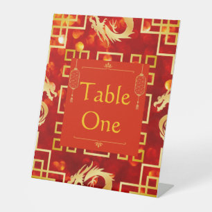 Red and Gold Dragon Wedding Table Numbers Pedestal Sign