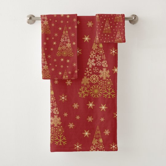 Red and Gold Elegant Christmas Tree Bath Towel Set Zazzle.co.uk