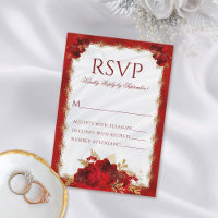 Red and Gold Elegant Floral Wedding RSVP Card