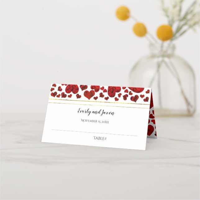Red and Gold Elegant Hearts and Roses Wedding Place Card (Front)