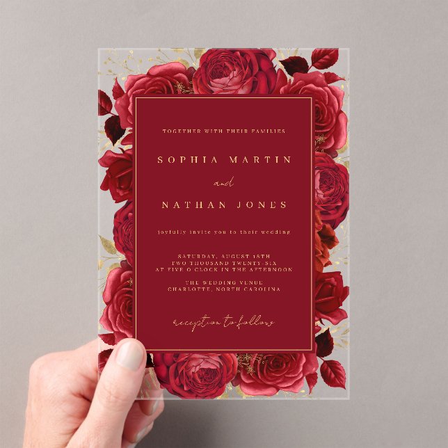 Red And Gold Elegant Rose Clear Wedding Acrylic Invitations (Insitu (Handheld))