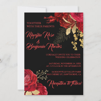 RED AND GOLD ELEGANT ROSE WEDDING INVITATIONS