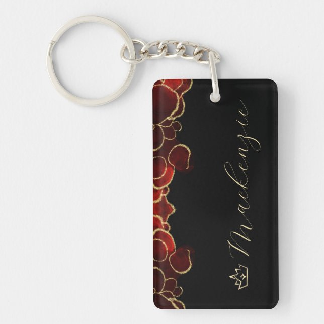 Red and Gold Elegant Script Personalised Key Ring (Front)