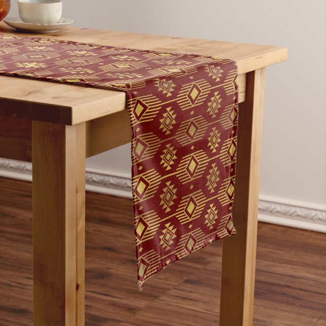 Red and gold ethnic skate geometric pattern long table runner (In Situ)