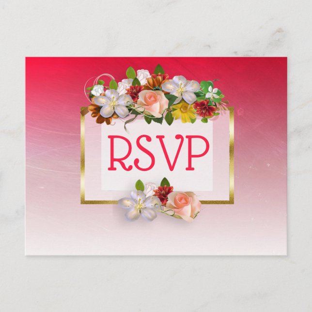Red and Gold Faded Floral Wedding RSVP Postcards (Front)