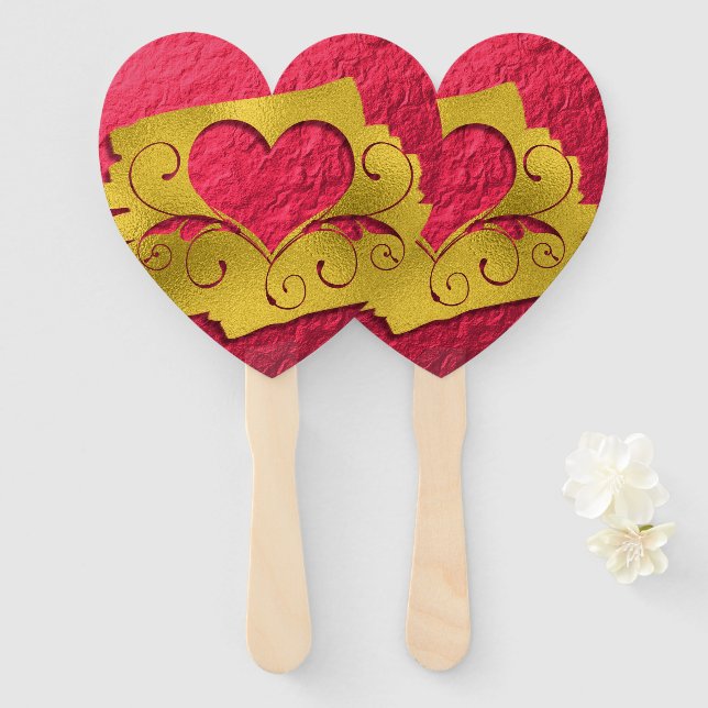 Red and Gold Faux Foil Heart Cut-Out Valentine Hand Fan (Front and Back)