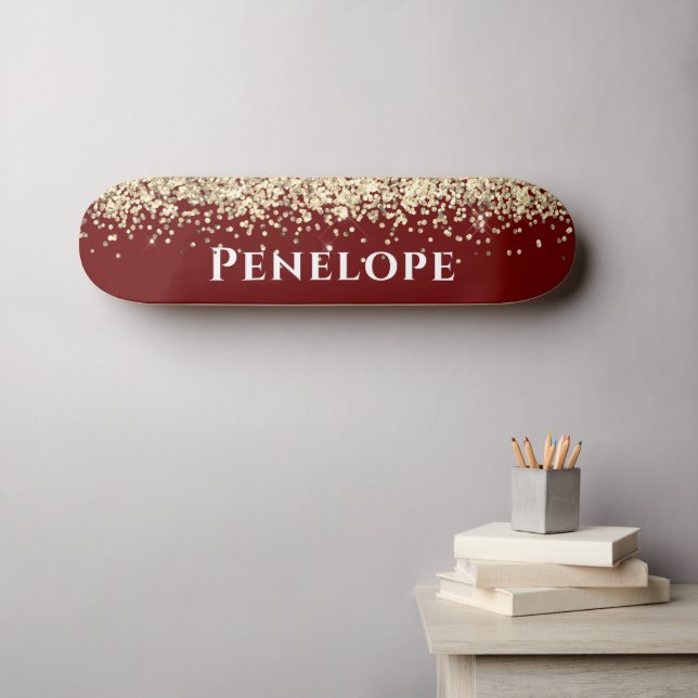 Red And Gold Faux Glitter Aesthetic Custom Name Skateboard (Wall Art (Horz))