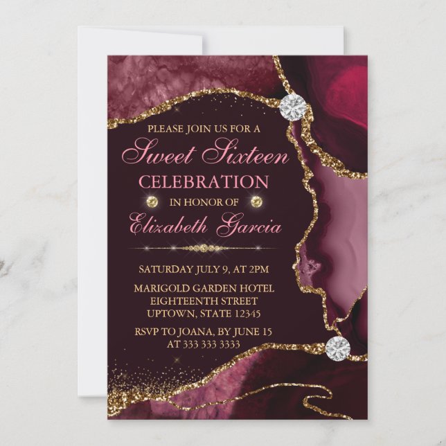Red and Gold Faux Glitter Agate Sweet Sixteen Invitation (Front)