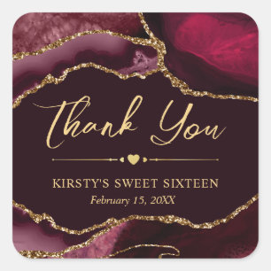 Red and Gold Faux Glitter Agate Sweet Sixteen Square Sticker