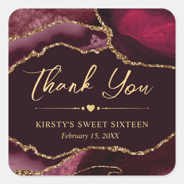 Red and Gold Faux Glitter Agate Sweet Sixteen Square Sticker (Front)