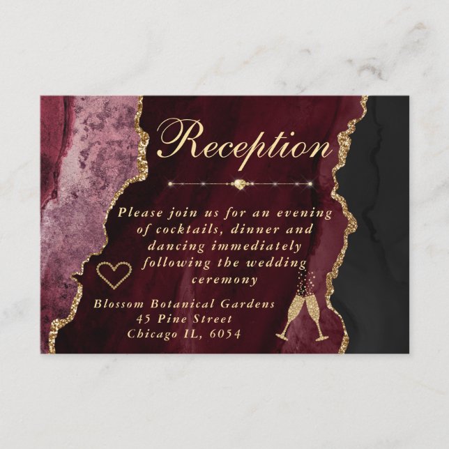 Red and Gold Faux Glitter Agate Wedding Reception Enclosure Card (Front)