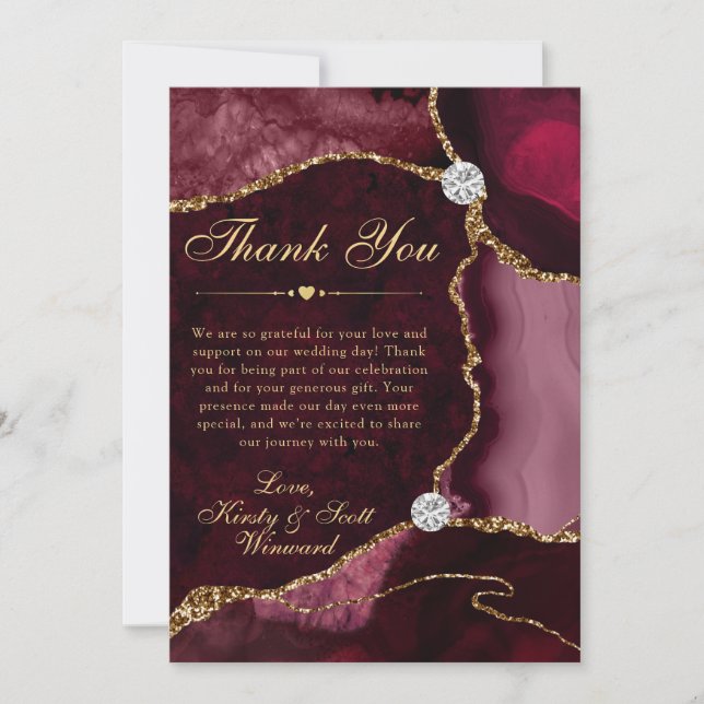 Red and Gold Faux Glitter Agate Wedding Thank You Card (Front)