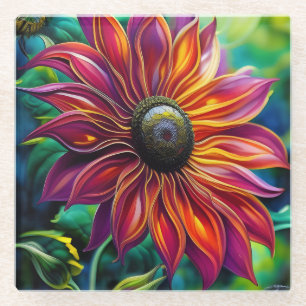 Red and Gold filigree Sunflower Glass Coaster