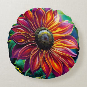 Red and Gold filigree Sunflower Round Cushion