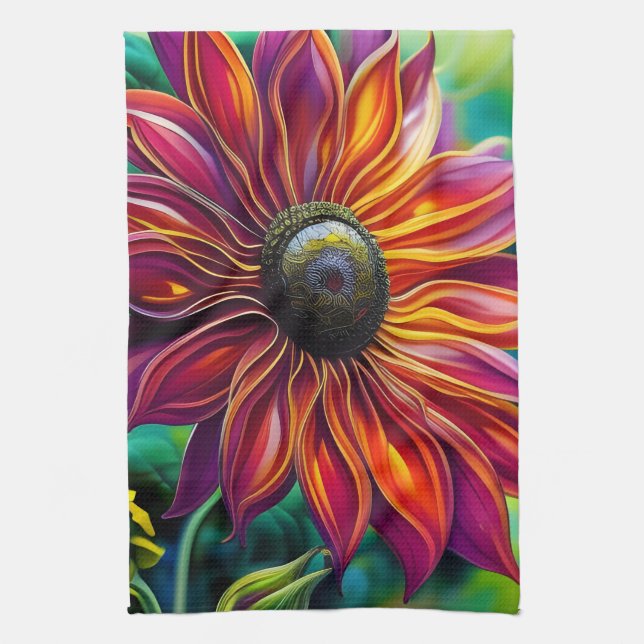 Red and Gold filigree Sunflower Tea Towel (Vertical)