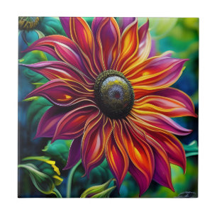 Red and Gold filigree Sunflower Tile