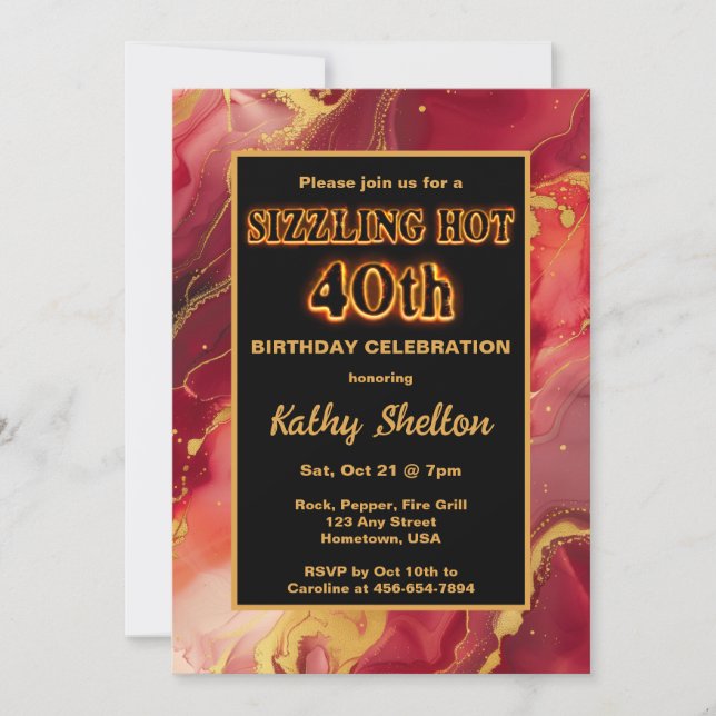 Red and Gold Flaming Hot 40th Birthday Invitation (Front)