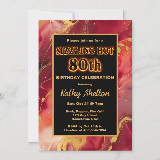Red and Gold Flaming Hot 80th Birthday Invitation (Front)