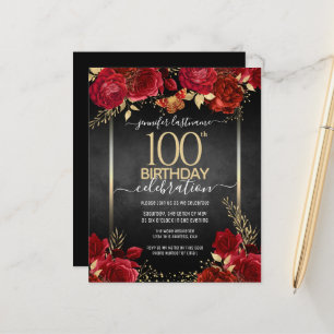 Red and Gold Floral 100th Birthday Invitation 