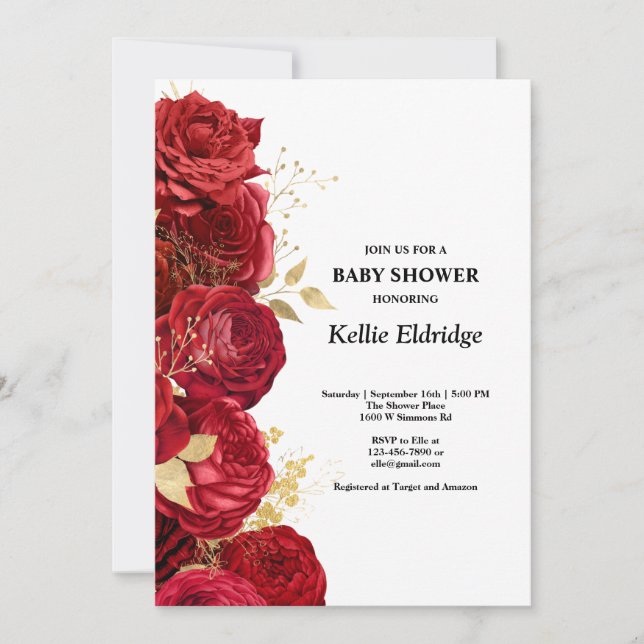 Red And Gold Floral Baby Shower Invitation (Front)