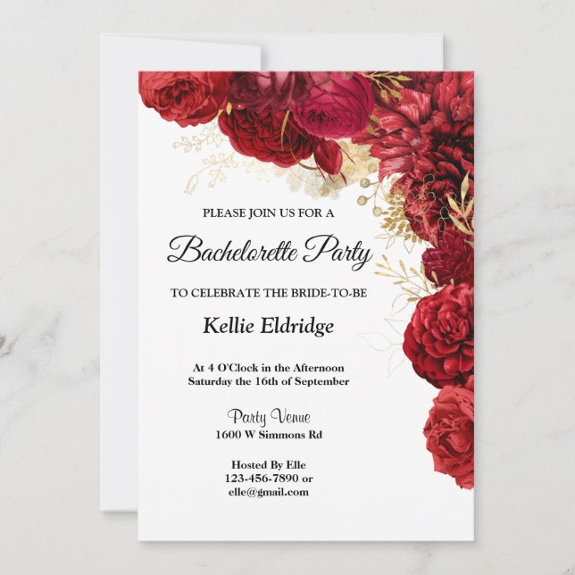 Red And Gold Floral Bachelorette Party Invitation (Front)