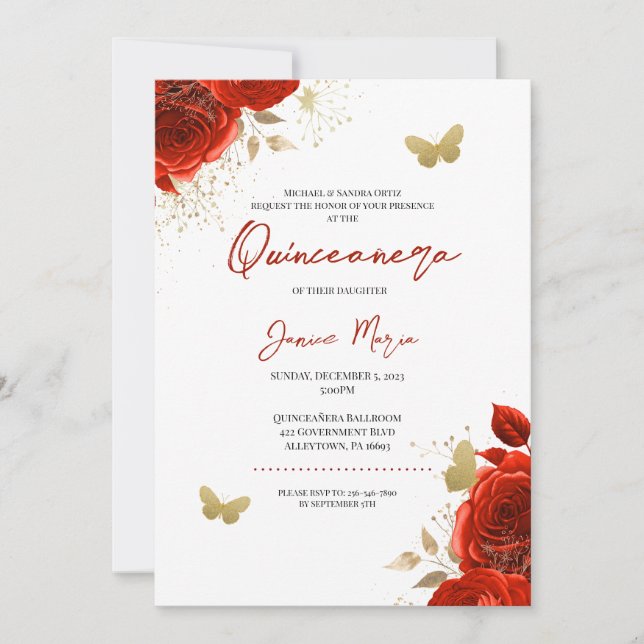 Red and Gold Floral Butterfly Elegant Quinceañera  Invitation (Front)