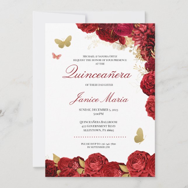 Red and Gold Floral Butterfly Elegant Quinceañera  Invitation (Front)