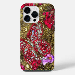 Red and Gold Floral Butterfly Personalised Name iPhone 14 Pro Max Case