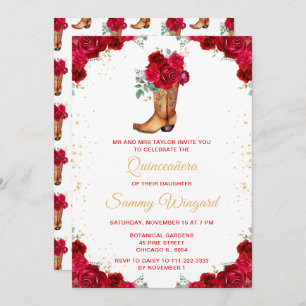 Red and Gold Floral Cowboy Boot Quinceañera Invitation