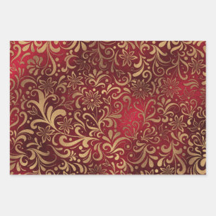 Red and Gold Floral Design Wrapping Paper Set