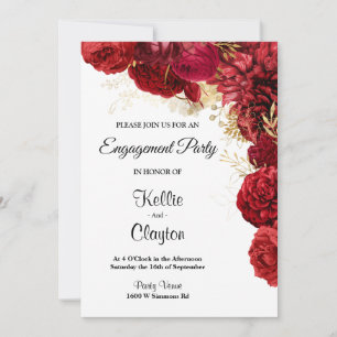 Red And Gold Floral Engagement Party Invitation