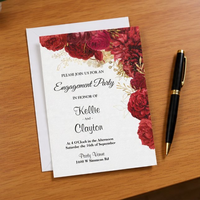 Red And Gold Floral Engagement Party Invitation (Creator Uploaded)