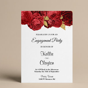 Red And Gold Floral Engagement Party Invitation