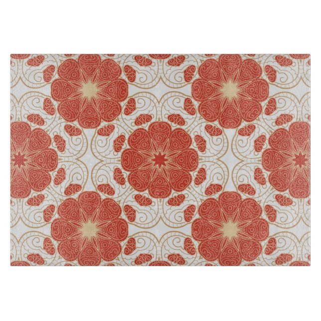 Red And Gold Floral Lace Pattern Cutting Board (Front)