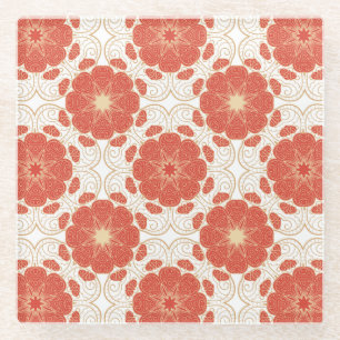 Red And Gold Floral Lace Pattern Glass Coaster