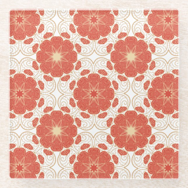 Red And Gold Floral Lace Pattern Glass Coaster (Front)