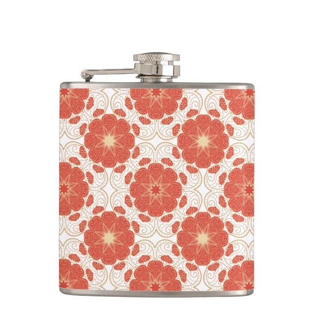 Red And Gold Floral Lace Pattern Hip Flask (Front)