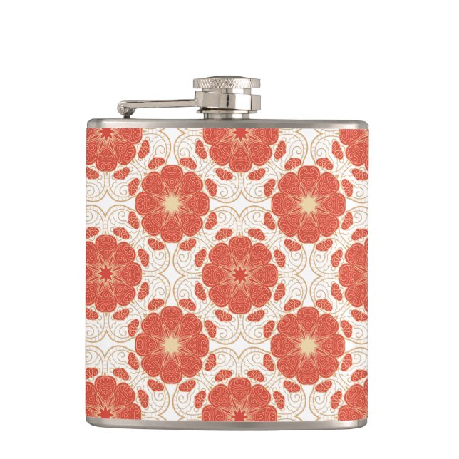 Red And Gold Floral Lace Pattern Hip Flask (Front)