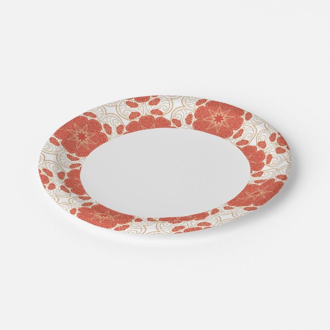 Red And Gold Floral Lace Pattern Paper Plate (Angled)