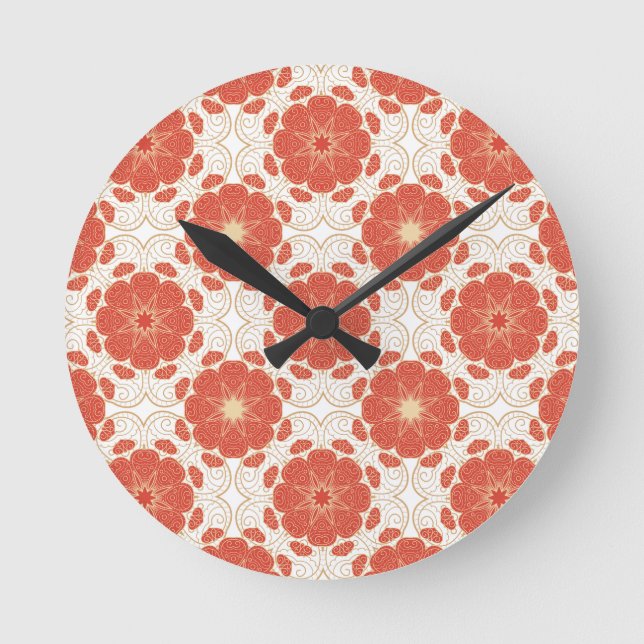 Red And Gold Floral Lace Pattern Round Clock (Front)