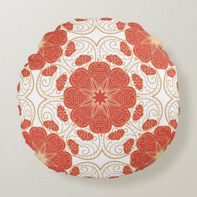 Red And Gold Floral Lace Pattern Round Cushion (Front)