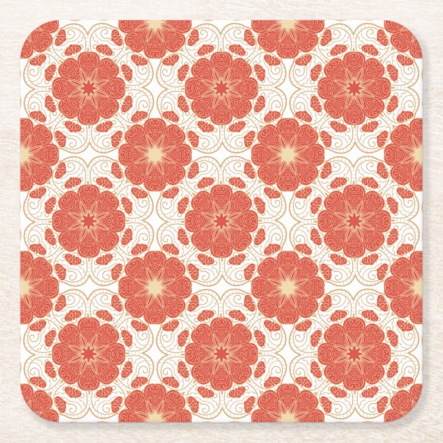 Red And Gold Floral Lace Pattern Square Paper Coaster (Front)